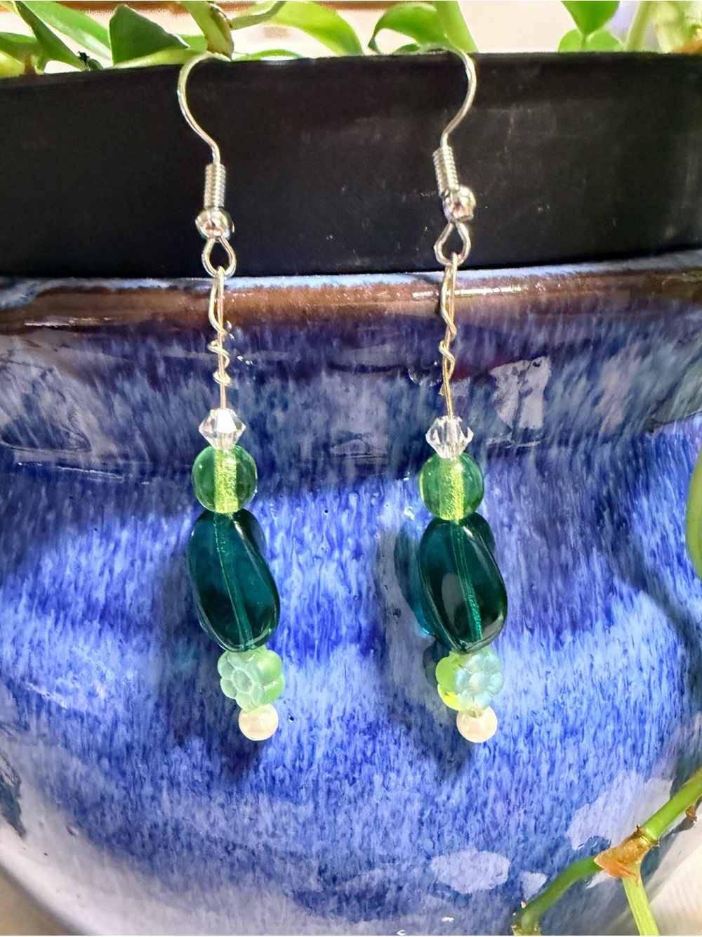 Handmade Green Bead Drop Earrings